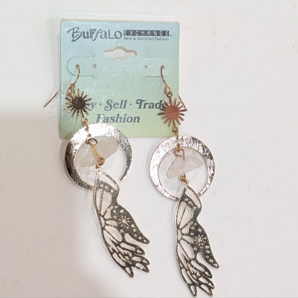 Gold Earrings Hand/ Moon/ Crystal Design